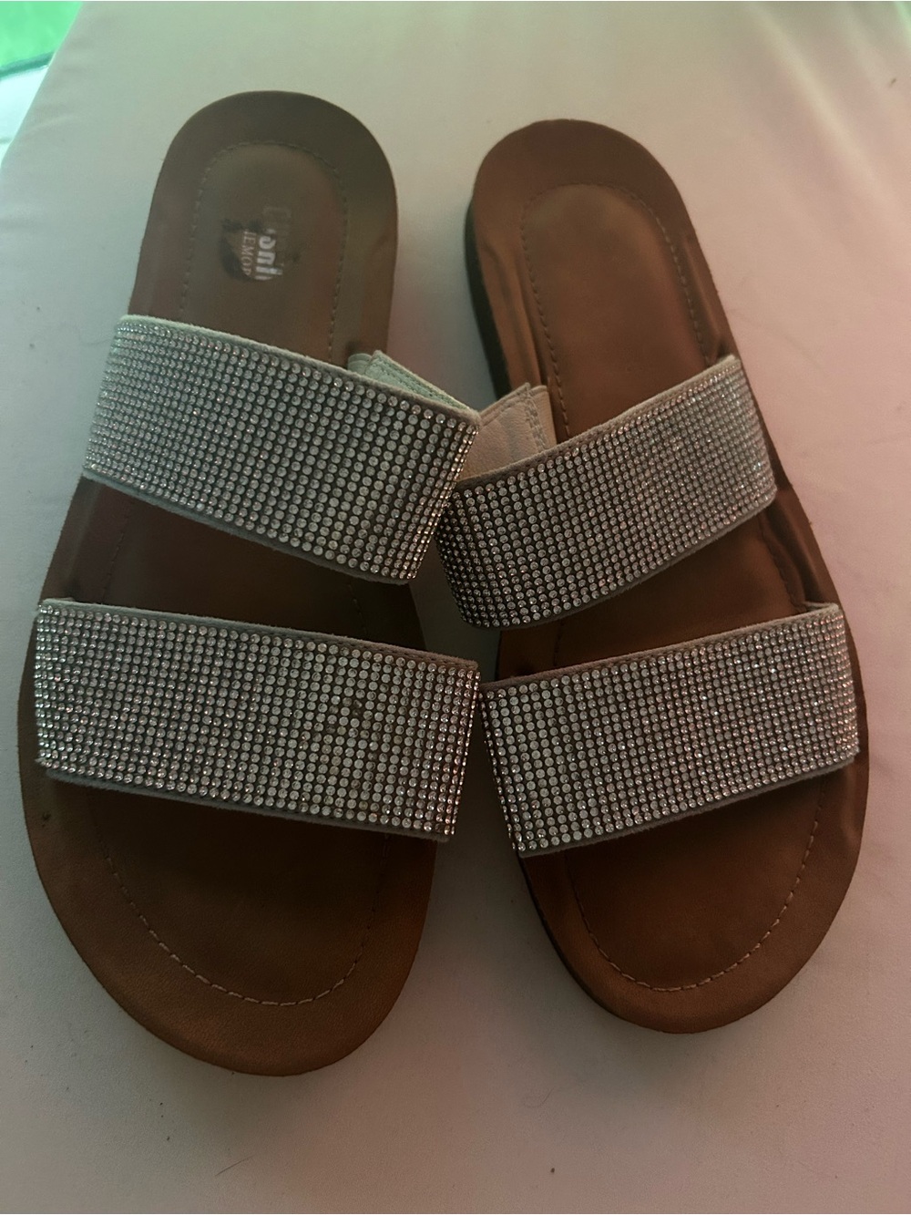 Sparkle Double-Strap Slide Sandals in Brown and Silver